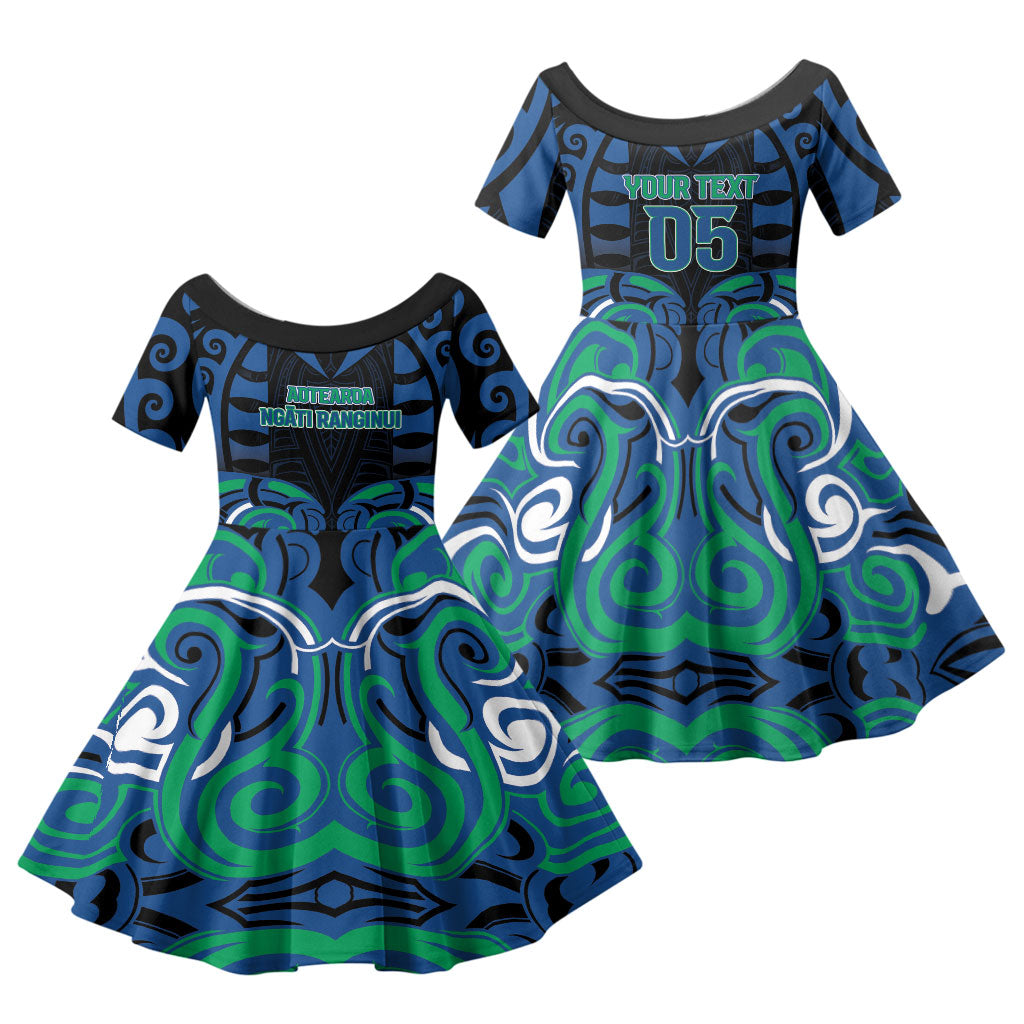 Custom Aotearoa Ngati Ranginui Family Matching Off The Shoulder Long Sleeve Dress and Hawaiian Shirt New Zealand Traditional Maori Pattern DT05 Daughter's Dress Navy - Polynesian Pride