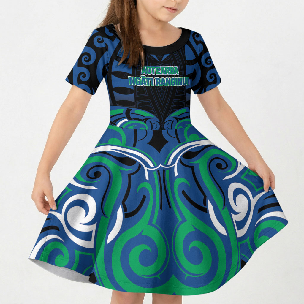 Custom Aotearoa Ngati Ranginui Kid Short Sleeve Dress New Zealand Traditional Maori Pattern DT05 KID Navy - Polynesian Pride