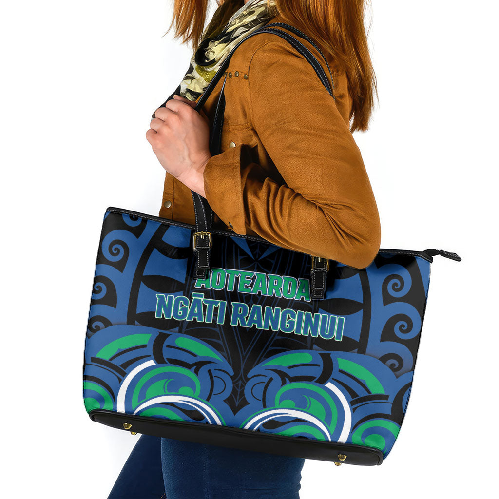 Aotearoa Ngati Ranginui Leather Tote Bag New Zealand Traditional Maori Pattern DT05 Navy - Polynesian Pride