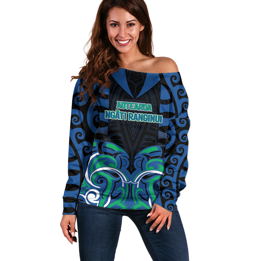 Custom Aotearoa Ngati Ranginui Off Shoulder Sweater New Zealand Traditional Maori Pattern DT05 Women Navy - Polynesian Pride