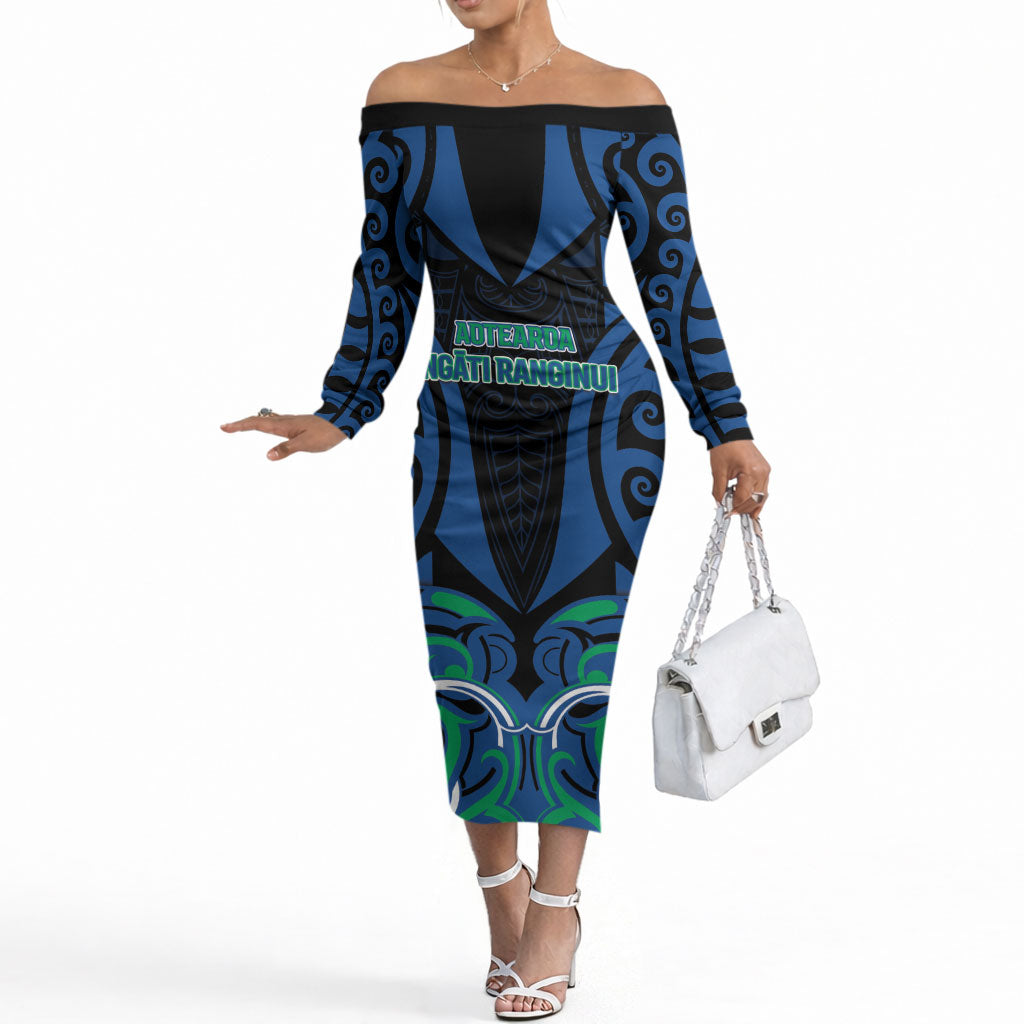 Custom Aotearoa Ngati Ranginui Off The Shoulder Long Sleeve Dress New Zealand Traditional Maori Pattern DT05 Women Navy - Polynesian Pride