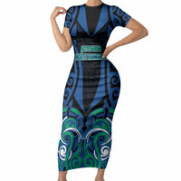 Custom Aotearoa Ngati Ranginui Short Sleeve Bodycon Dress New Zealand Traditional Maori Pattern DT05 Long Dress Navy - Polynesian Pride