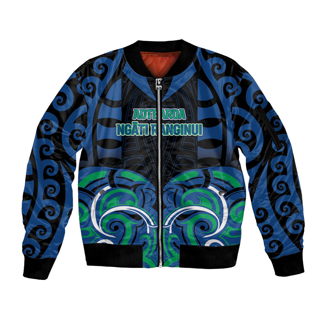 Custom Aotearoa Ngati Ranginui Sleeve Zip Bomber Jacket New Zealand Traditional Maori Pattern DT05 Unisex Navy - Polynesian Pride