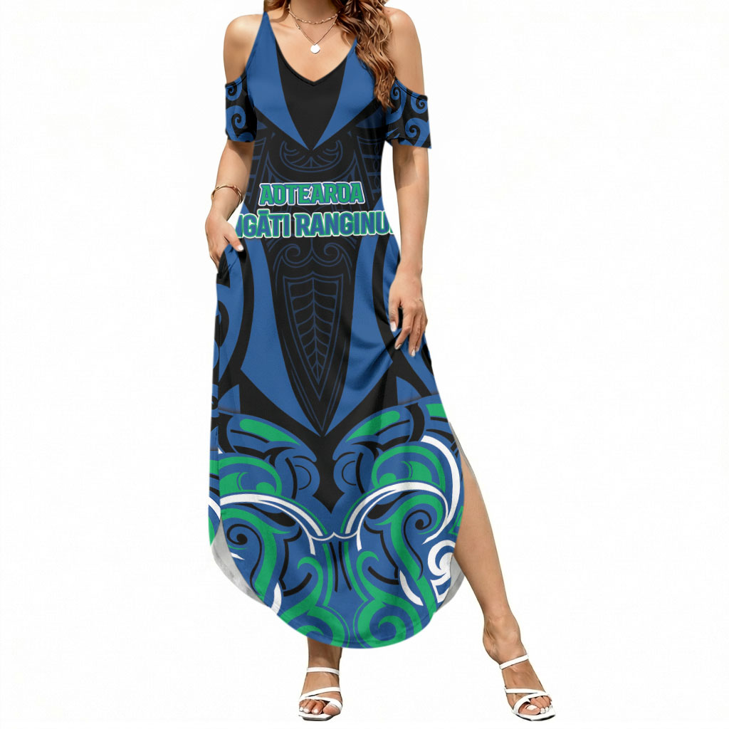 Custom Aotearoa Ngati Ranginui Summer Maxi Dress New Zealand Traditional Maori Pattern DT05 Women Navy - Polynesian Pride
