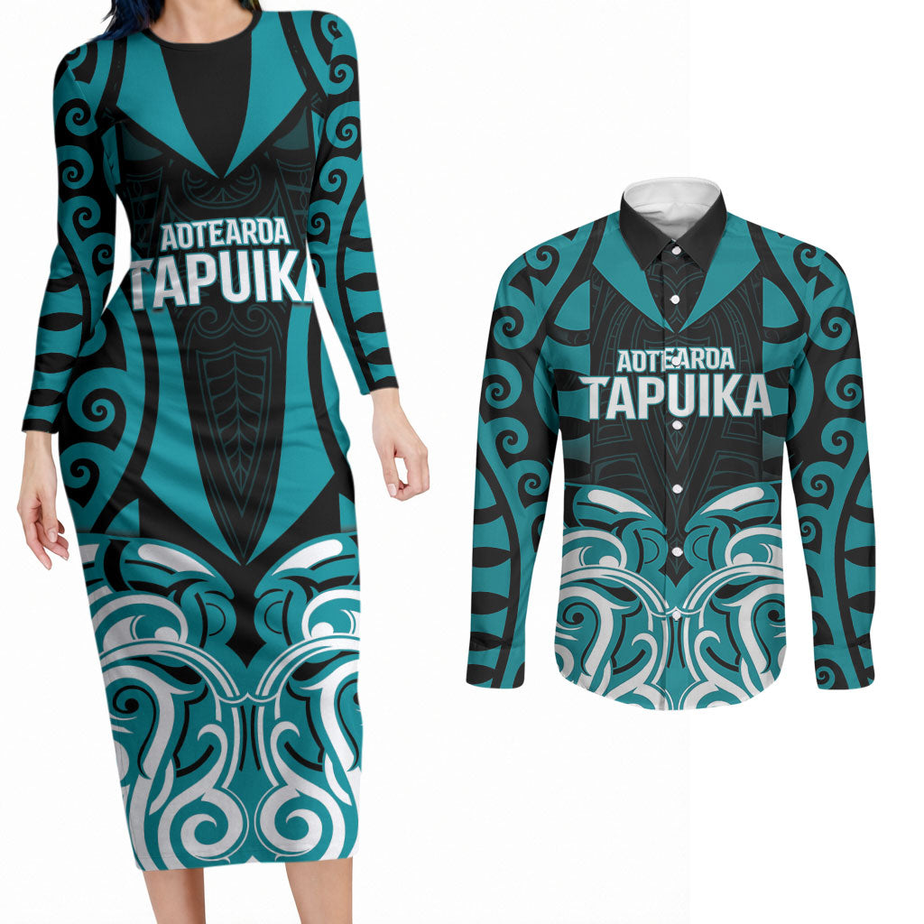 Custom Aotearoa Tapuika Couples Matching Long Sleeve Bodycon Dress and Long Sleeve Button Shirt New Zealand Traditional Maori Pattern DT05 Teal - Polynesian Pride