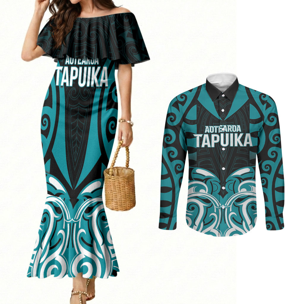 Custom Aotearoa Tapuika Couples Matching Mermaid Dress and Long Sleeve Button Shirt New Zealand Traditional Maori Pattern DT05 Teal - Polynesian Pride