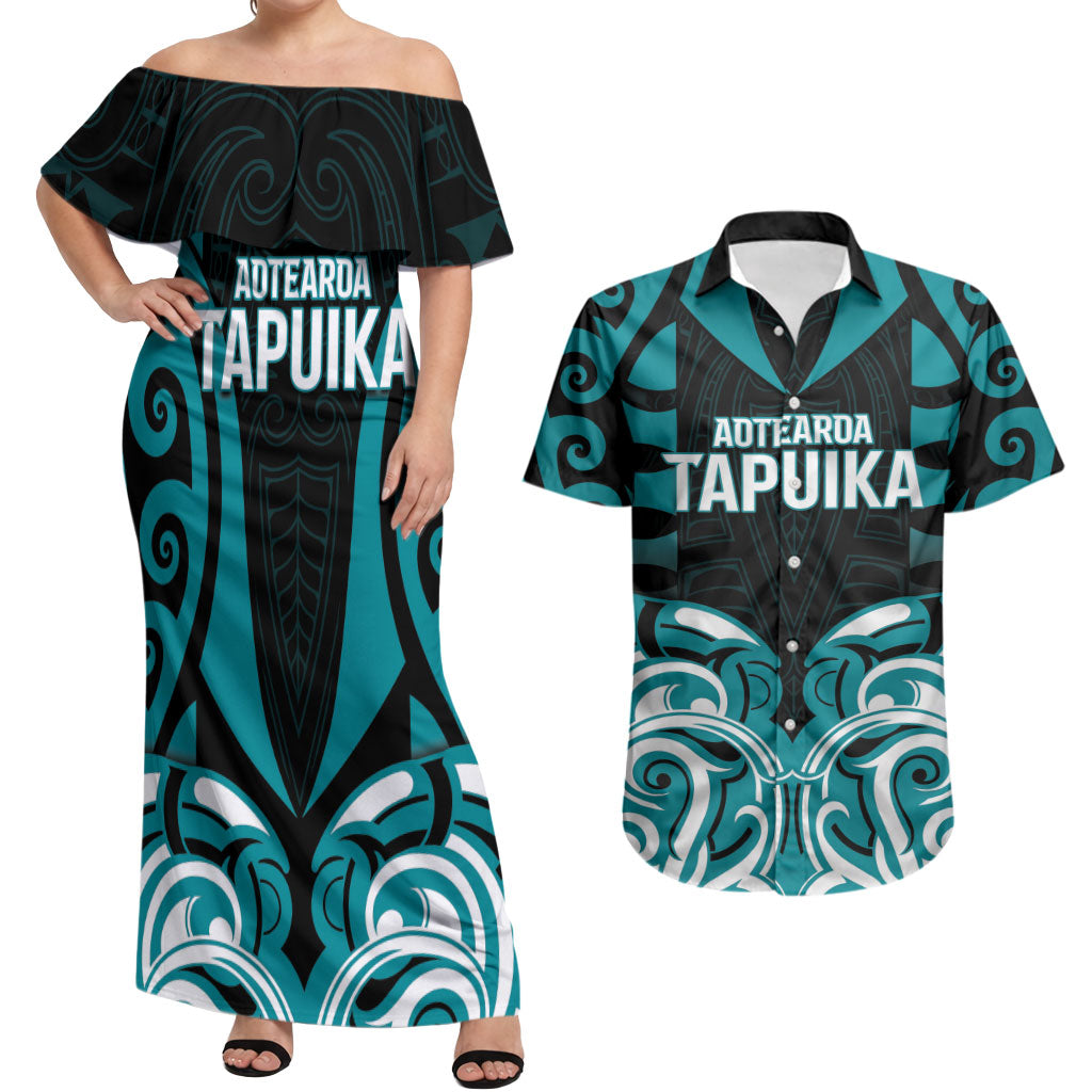 Custom Aotearoa Tapuika Couples Matching Off Shoulder Maxi Dress and Hawaiian Shirt New Zealand Traditional Maori Pattern DT05 Teal - Polynesian Pride