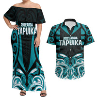 Custom Aotearoa Tapuika Couples Matching Off Shoulder Maxi Dress and Hawaiian Shirt New Zealand Traditional Maori Pattern DT05 Teal - Polynesian Pride