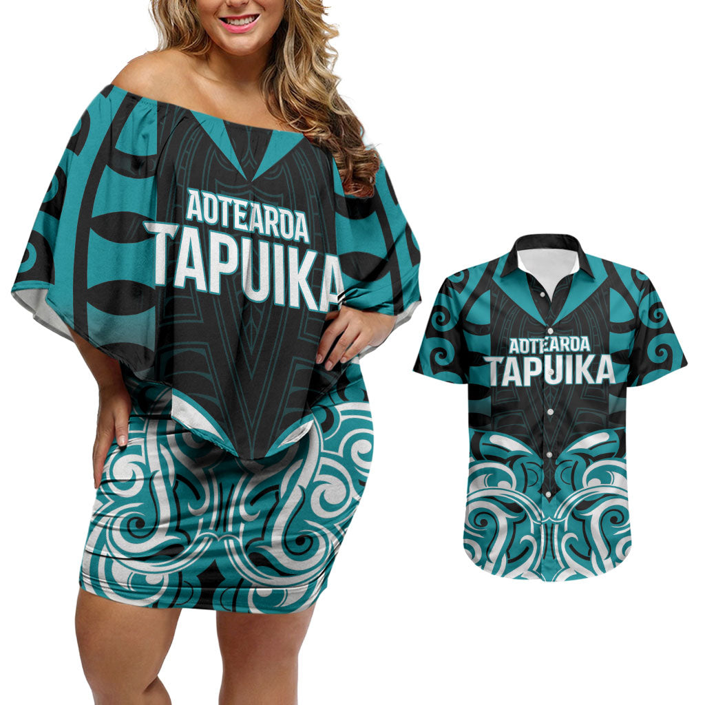 Custom Aotearoa Tapuika Couples Matching Off Shoulder Short Dress and Hawaiian Shirt New Zealand Traditional Maori Pattern DT05 Teal - Polynesian Pride