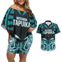 Custom Aotearoa Tapuika Couples Matching Off Shoulder Short Dress and Hawaiian Shirt New Zealand Traditional Maori Pattern DT05 Teal - Polynesian Pride