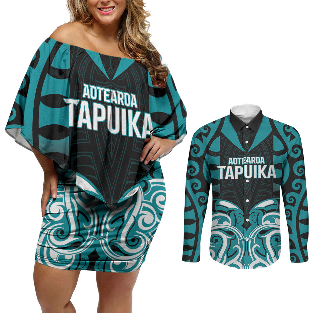 Custom Aotearoa Tapuika Couples Matching Off Shoulder Short Dress and Long Sleeve Button Shirt New Zealand Traditional Maori Pattern DT05 Teal - Polynesian Pride