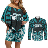 Custom Aotearoa Tapuika Couples Matching Off Shoulder Short Dress and Long Sleeve Button Shirt New Zealand Traditional Maori Pattern DT05 Teal - Polynesian Pride