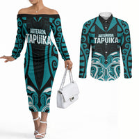 Custom Aotearoa Tapuika Couples Matching Off The Shoulder Long Sleeve Dress and Long Sleeve Button Shirt New Zealand Traditional Maori Pattern DT05 Teal - Polynesian Pride