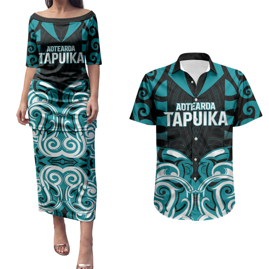 Custom Aotearoa Tapuika Couples Matching Puletasi and Hawaiian Shirt New Zealand Traditional Maori Pattern DT05 Teal - Polynesian Pride