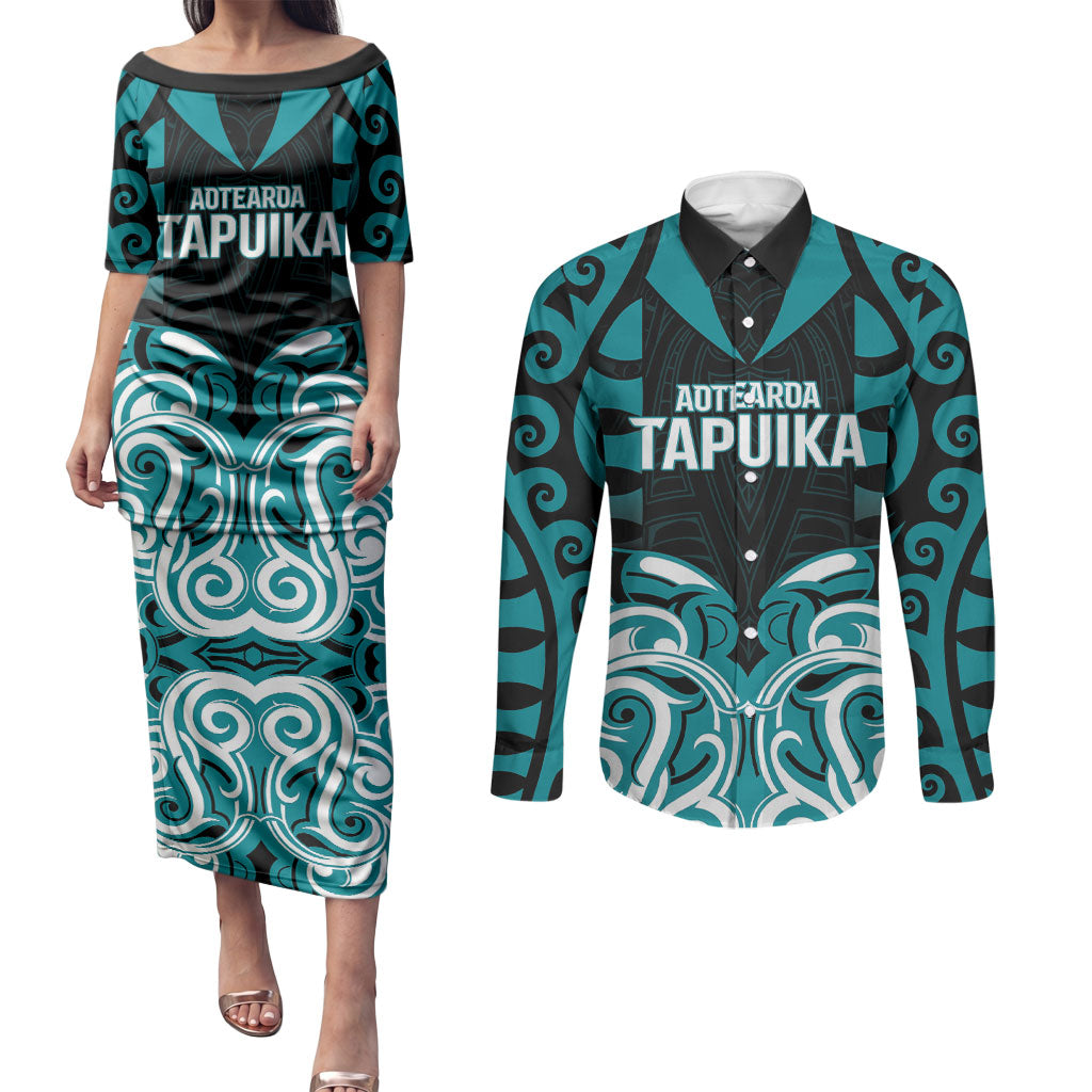 Custom Aotearoa Tapuika Couples Matching Puletasi and Long Sleeve Button Shirt New Zealand Traditional Maori Pattern DT05 Teal - Polynesian Pride