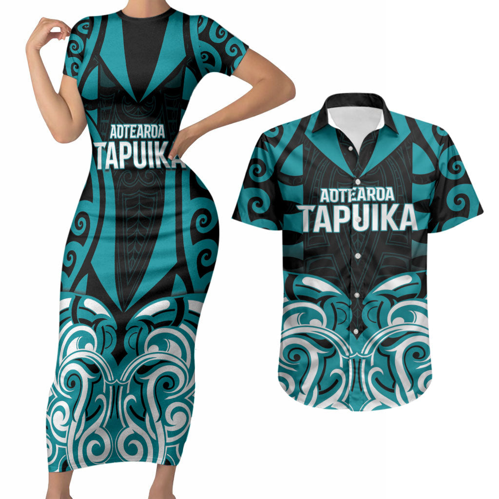 Custom Aotearoa Tapuika Couples Matching Short Sleeve Bodycon Dress and Hawaiian Shirt New Zealand Traditional Maori Pattern DT05 Teal - Polynesian Pride