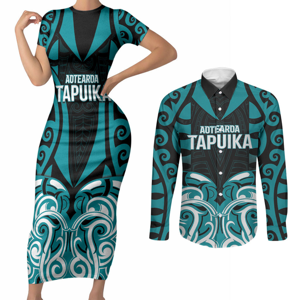 Custom Aotearoa Tapuika Couples Matching Short Sleeve Bodycon Dress and Long Sleeve Button Shirt New Zealand Traditional Maori Pattern DT05 Teal - Polynesian Pride