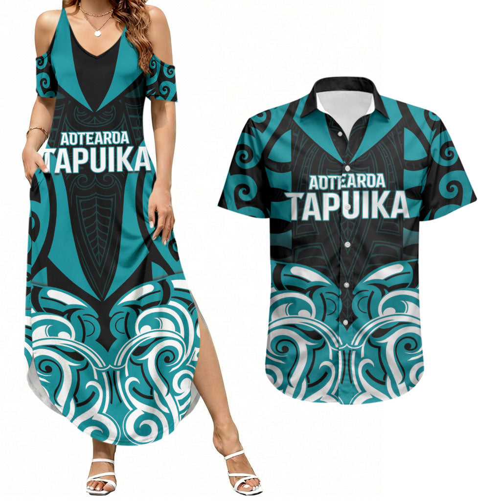 Custom Aotearoa Tapuika Couples Matching Summer Maxi Dress and Hawaiian Shirt New Zealand Traditional Maori Pattern DT05 Teal - Polynesian Pride
