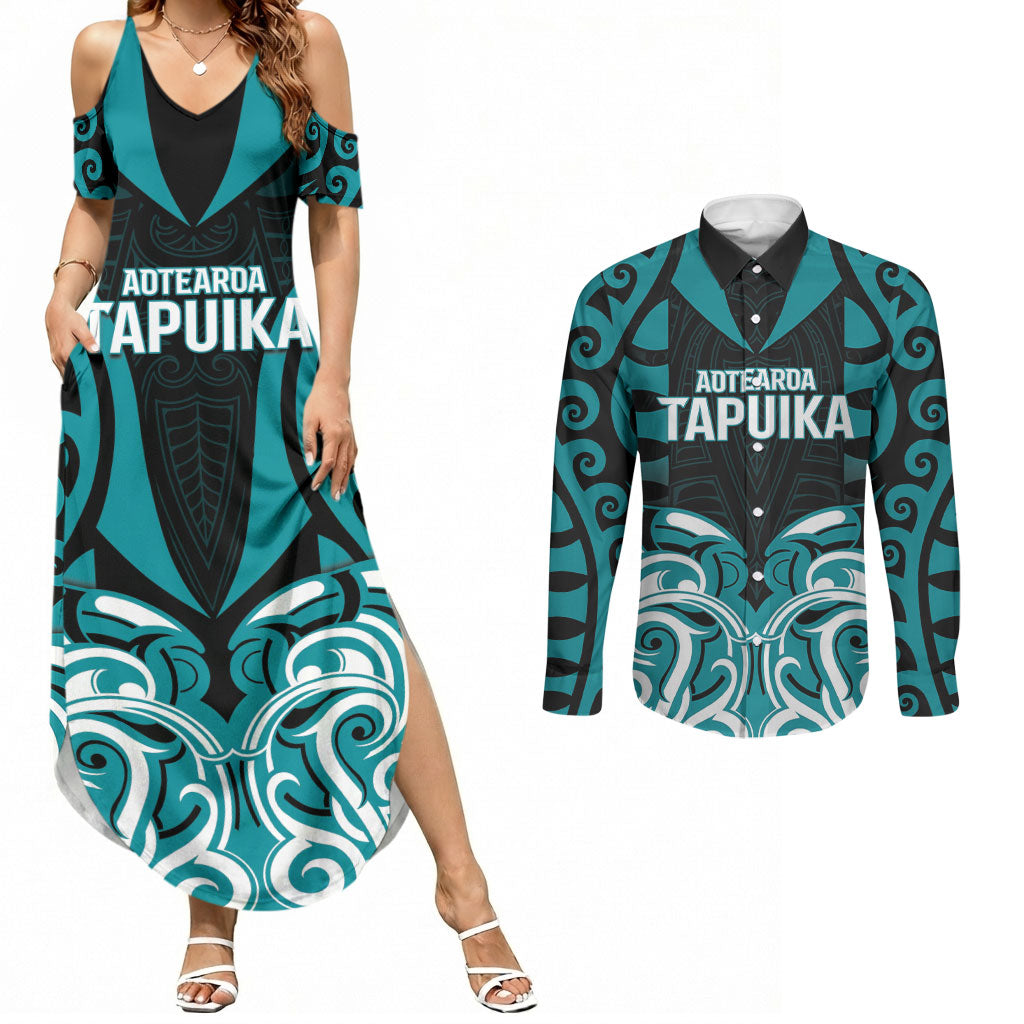 Custom Aotearoa Tapuika Couples Matching Summer Maxi Dress and Long Sleeve Button Shirt New Zealand Traditional Maori Pattern DT05 Teal - Polynesian Pride