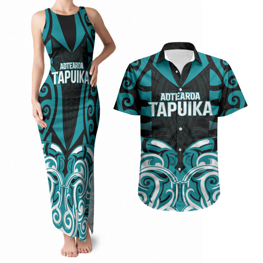 Custom Aotearoa Tapuika Couples Matching Tank Maxi Dress and Hawaiian Shirt New Zealand Traditional Maori Pattern DT05 Teal - Polynesian Pride