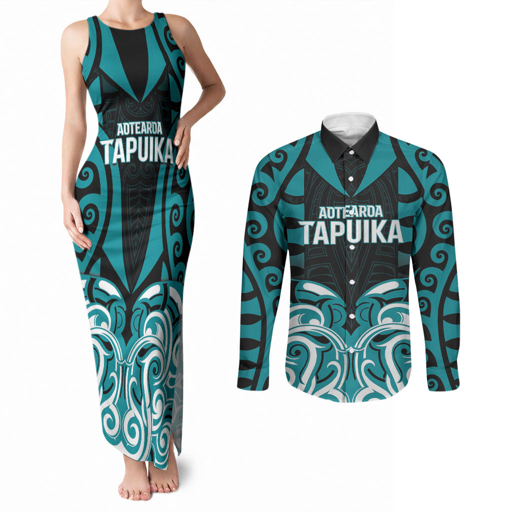 Custom Aotearoa Tapuika Couples Matching Tank Maxi Dress and Long Sleeve Button Shirt New Zealand Traditional Maori Pattern DT05 Teal - Polynesian Pride