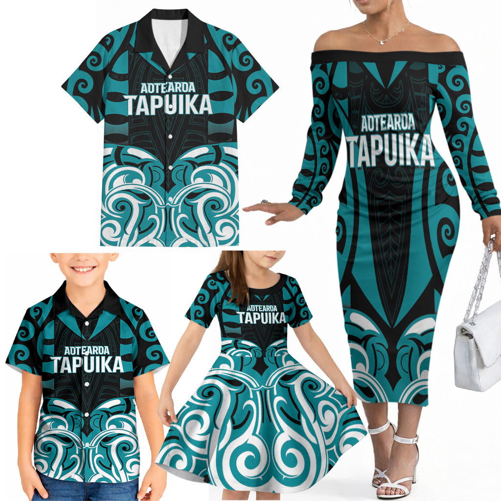 Custom Aotearoa Tapuika Family Matching Off The Shoulder Long Sleeve Dress and Hawaiian Shirt New Zealand Traditional Maori Pattern DT05 - Polynesian Pride