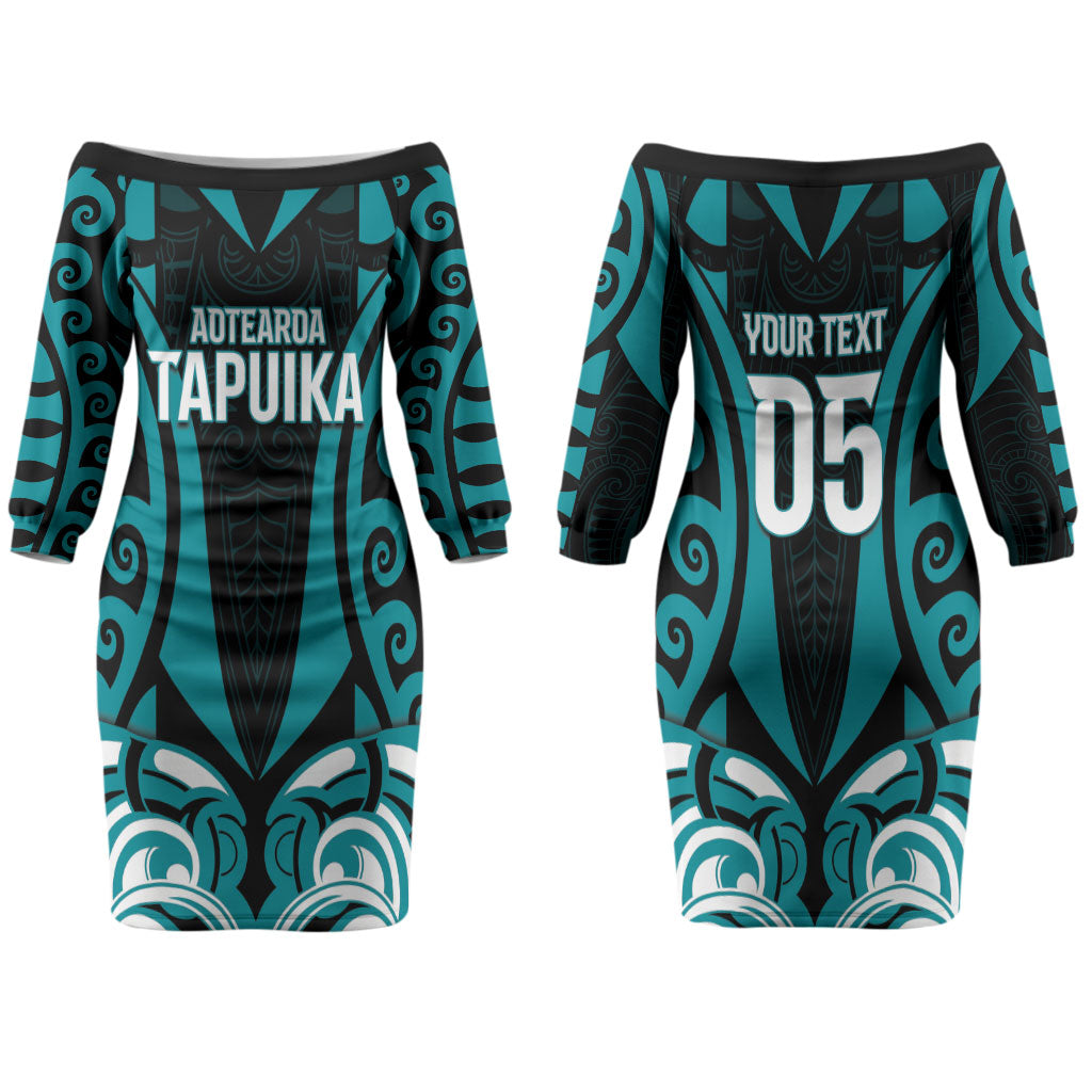 Custom Aotearoa Tapuika Family Matching Off The Shoulder Long Sleeve Dress and Hawaiian Shirt New Zealand Traditional Maori Pattern DT05 Mom's Dress Teal - Polynesian Pride