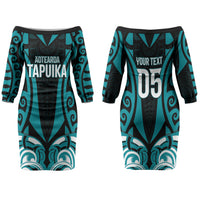 Custom Aotearoa Tapuika Family Matching Off The Shoulder Long Sleeve Dress and Hawaiian Shirt New Zealand Traditional Maori Pattern DT05 Mom's Dress Teal - Polynesian Pride