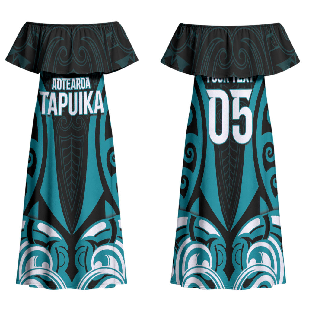 Custom Aotearoa Tapuika Family Matching Off Shoulder Maxi Dress and Hawaiian Shirt New Zealand Traditional Maori Pattern DT05 Mom's Dress Teal - Polynesian Pride