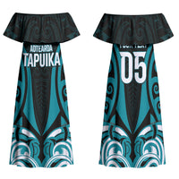 Custom Aotearoa Tapuika Family Matching Off Shoulder Maxi Dress and Hawaiian Shirt New Zealand Traditional Maori Pattern DT05 Mom's Dress Teal - Polynesian Pride