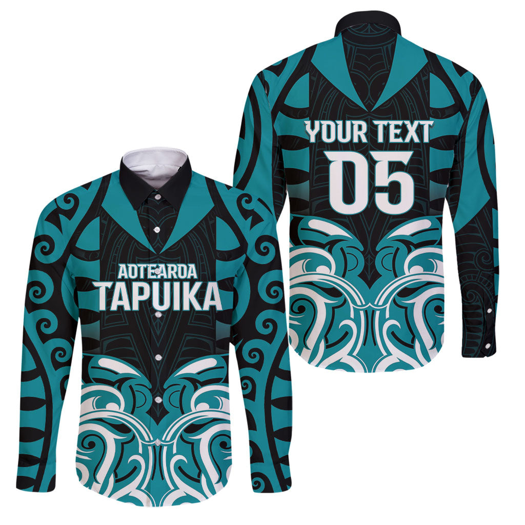 Custom Aotearoa Tapuika Family Matching Off Shoulder Maxi Dress and Hawaiian Shirt New Zealand Traditional Maori Pattern DT05 Dad's Shirt - Long Sleeve Teal - Polynesian Pride
