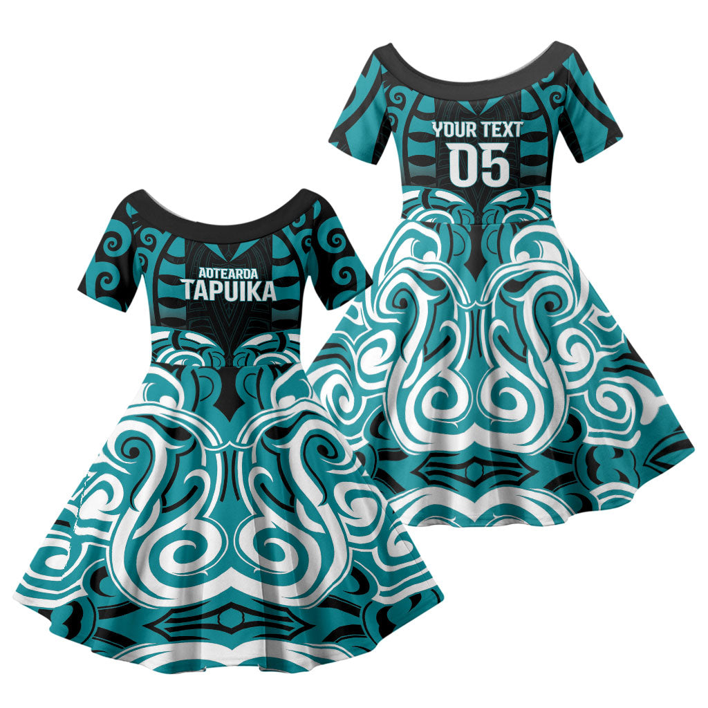 Custom Aotearoa Tapuika Family Matching Off Shoulder Maxi Dress and Hawaiian Shirt New Zealand Traditional Maori Pattern DT05 Daughter's Dress Teal - Polynesian Pride