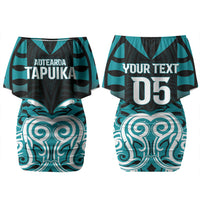 Custom Aotearoa Tapuika Family Matching Off Shoulder Short Dress and Hawaiian Shirt New Zealand Traditional Maori Pattern DT05 Mom's Dress Teal - Polynesian Pride