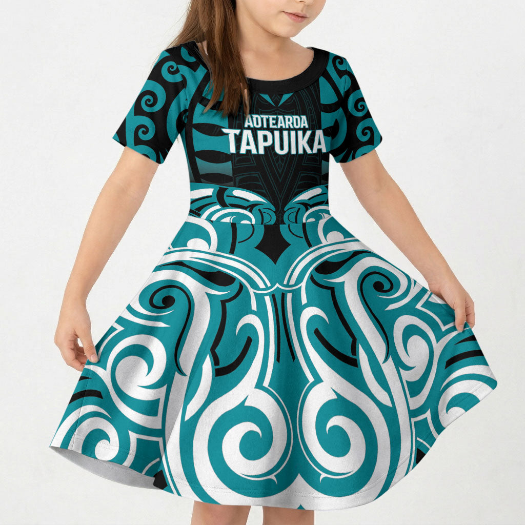 Custom Aotearoa Tapuika Kid Short Sleeve Dress New Zealand Traditional Maori Pattern DT05 KID Teal - Polynesian Pride