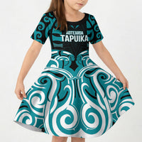 Custom Aotearoa Tapuika Kid Short Sleeve Dress New Zealand Traditional Maori Pattern DT05 KID Teal - Polynesian Pride