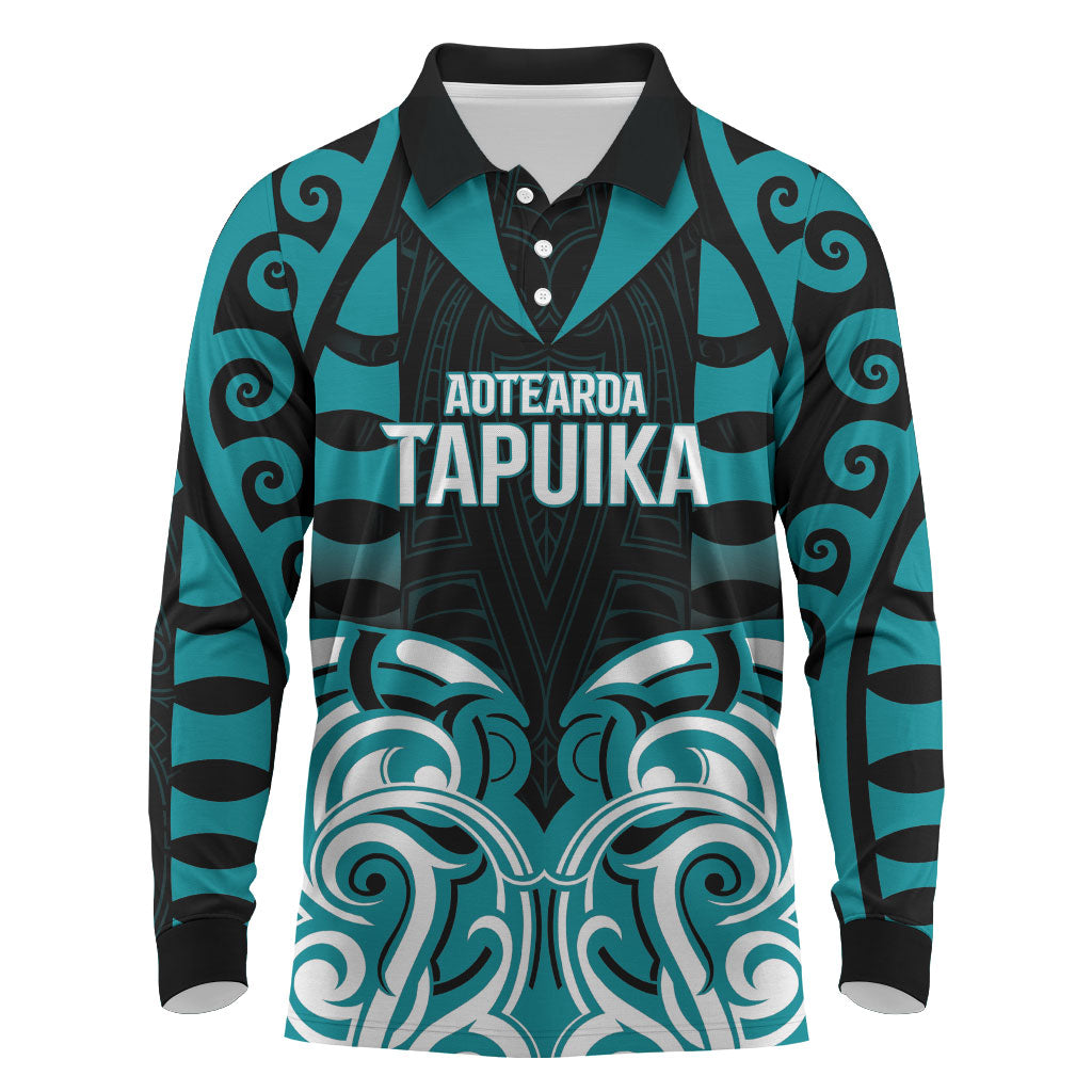 Custom Aotearoa Tapuika Long Sleeve Polo Shirt New Zealand Traditional Maori Pattern DT05 Teal - Polynesian Pride