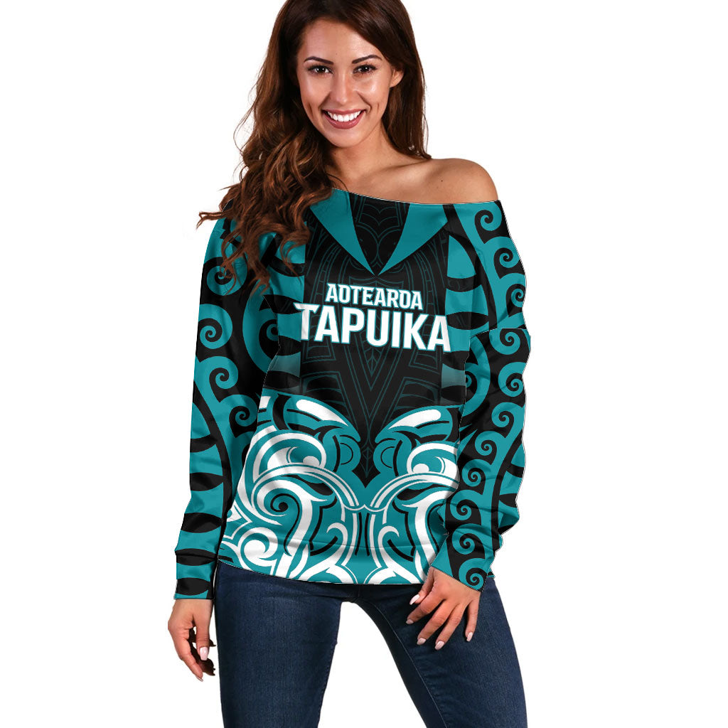 Custom Aotearoa Tapuika Off Shoulder Sweater New Zealand Traditional Maori Pattern DT05 Women Teal - Polynesian Pride