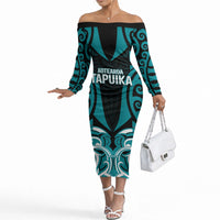 Custom Aotearoa Tapuika Off The Shoulder Long Sleeve Dress New Zealand Traditional Maori Pattern DT05 Women Teal - Polynesian Pride