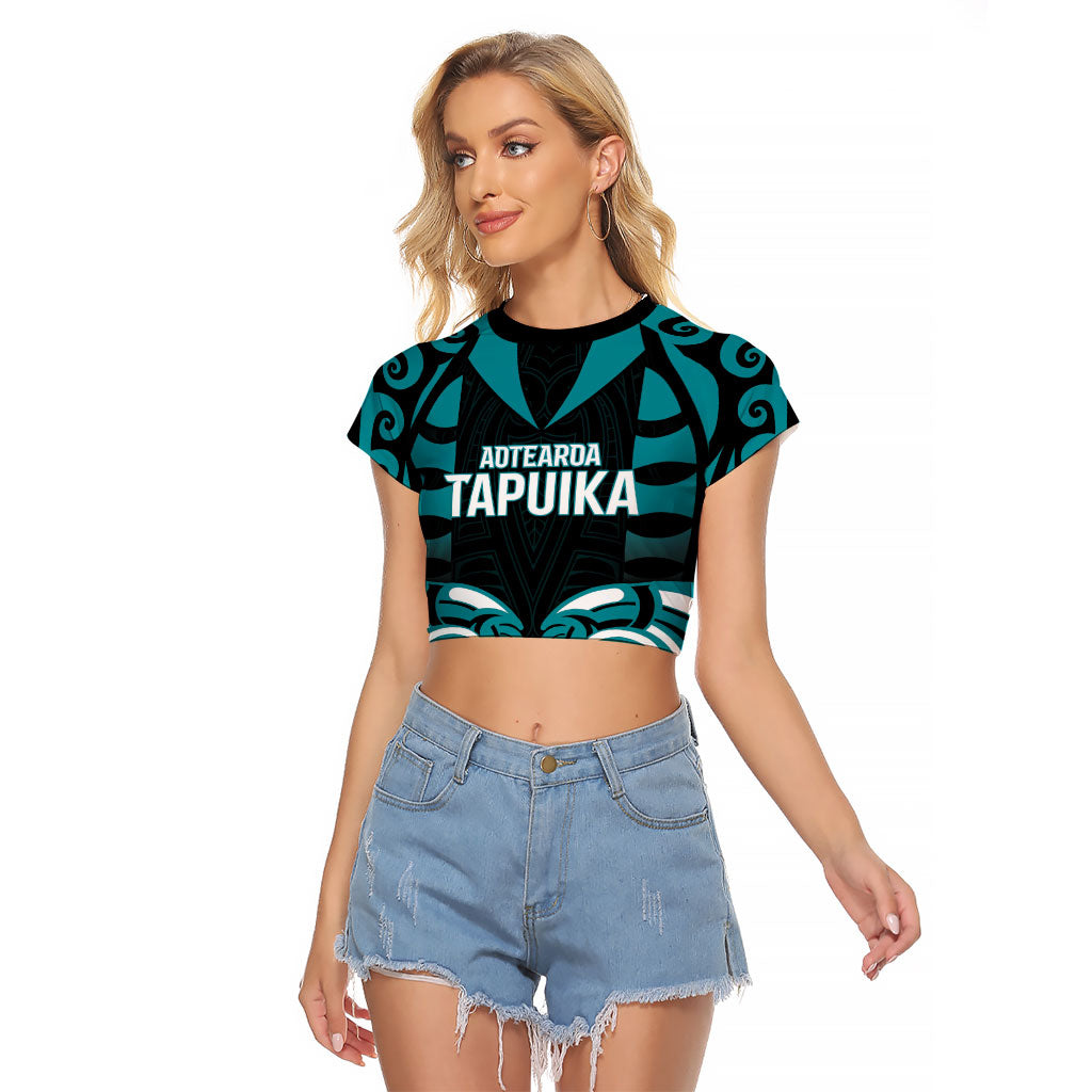 Custom Aotearoa Tapuika Raglan Cropped T Shirt New Zealand Traditional Maori Pattern DT05 Female Teal - Polynesian Pride