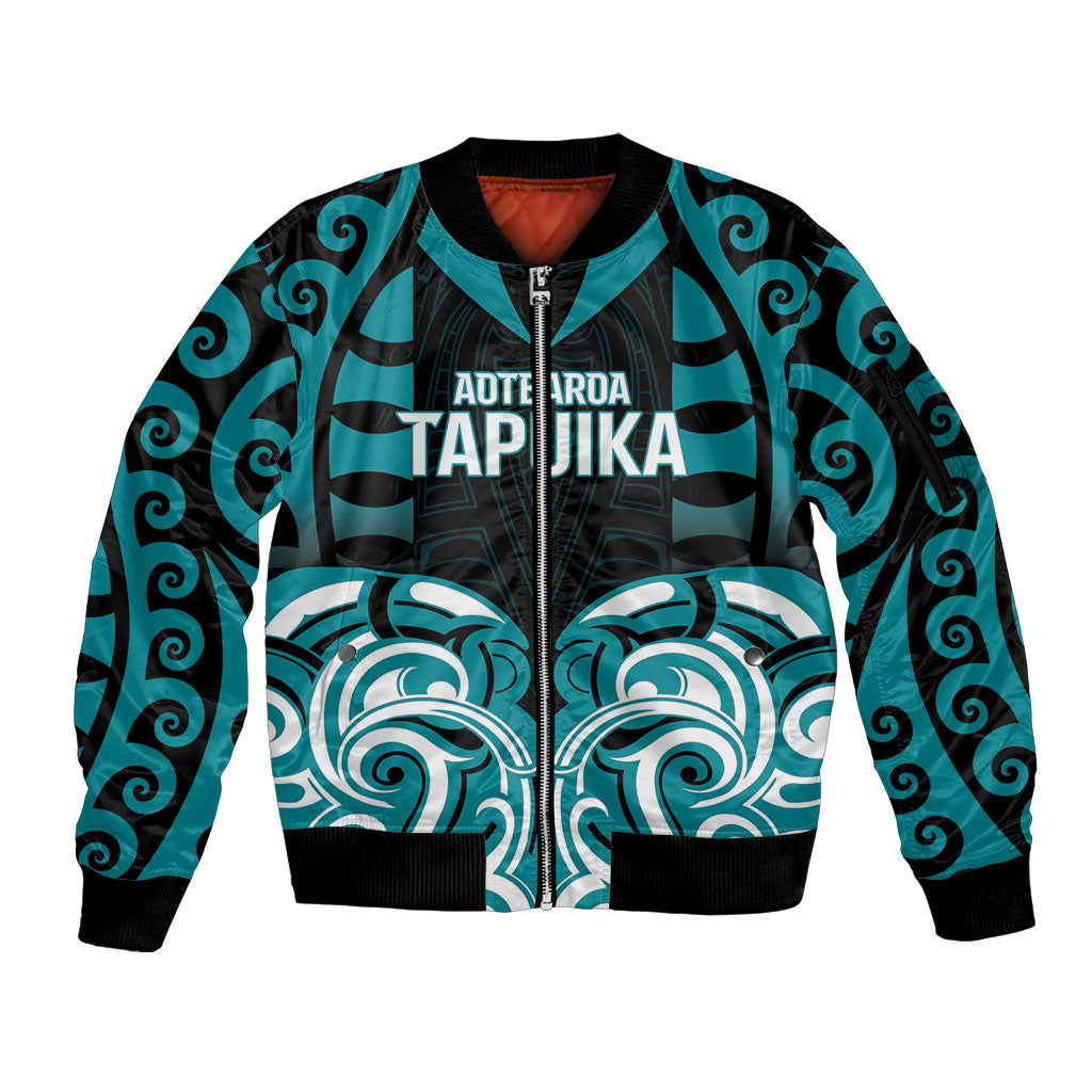 Custom Aotearoa Tapuika Sleeve Zip Bomber Jacket New Zealand Traditional Maori Pattern DT05 Unisex Teal - Polynesian Pride