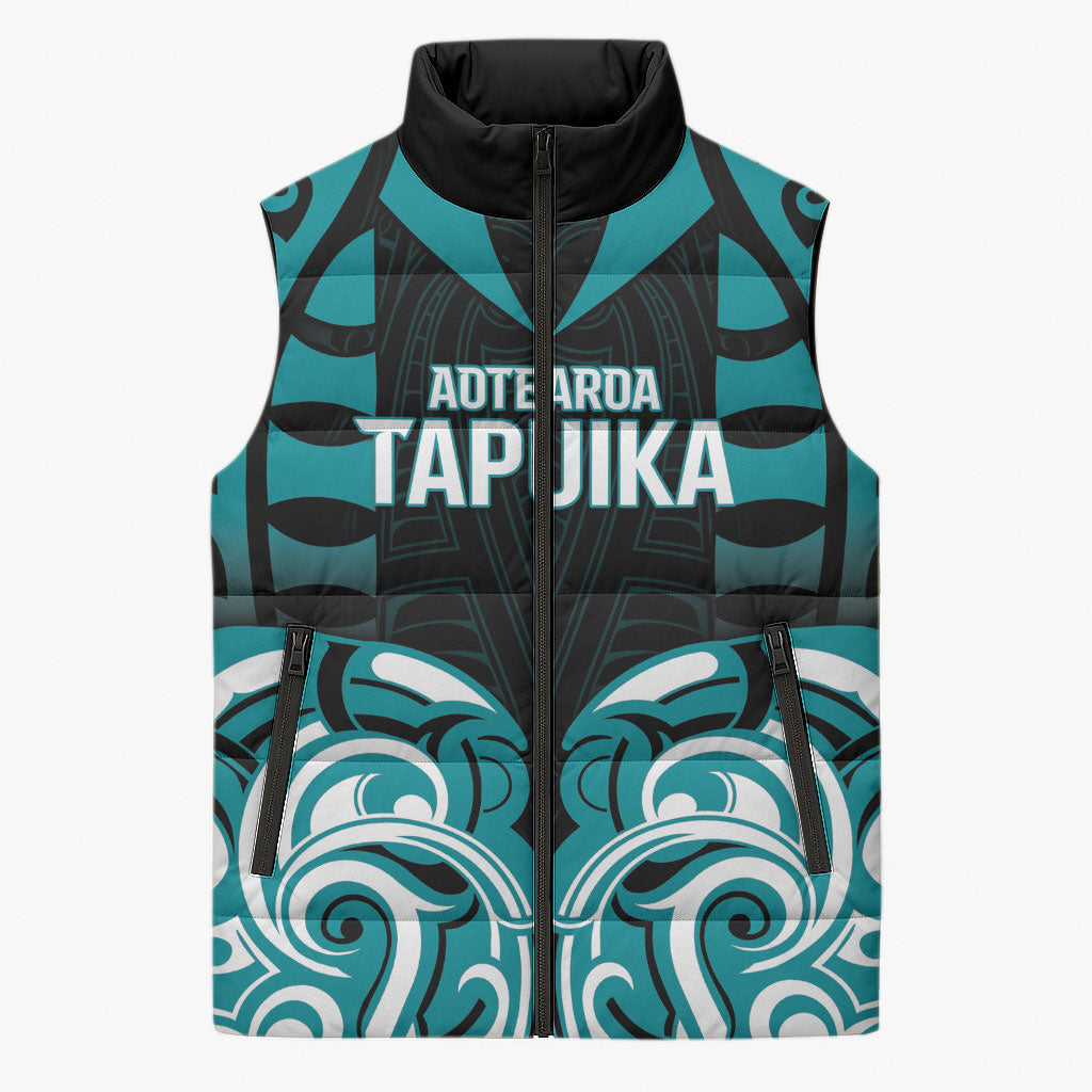 Custom Aotearoa Tapuika Sleeveless Puffer Jacket New Zealand Traditional Maori Pattern DT05 Unisex Teal - Polynesian Pride