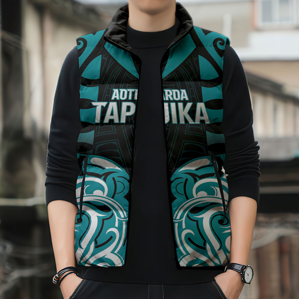 Custom Aotearoa Tapuika Sleeveless Puffer Jacket New Zealand Traditional Maori Pattern DT05 - Polynesian Pride