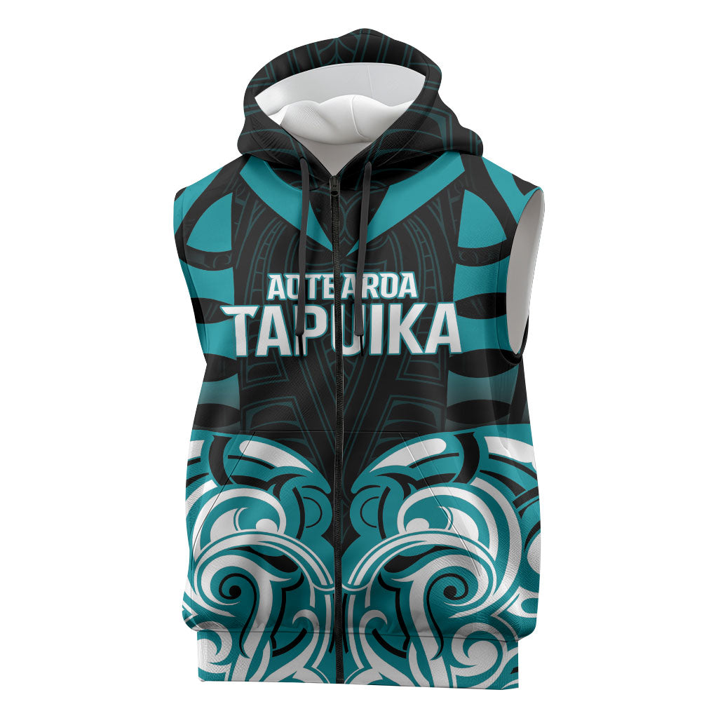 Custom Aotearoa Tapuika Sleeveless Zip Hoodie New Zealand Traditional Maori Pattern DT05 Teal - Polynesian Pride