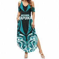 Custom Aotearoa Tapuika Summer Maxi Dress New Zealand Traditional Maori Pattern DT05 Women Teal - Polynesian Pride