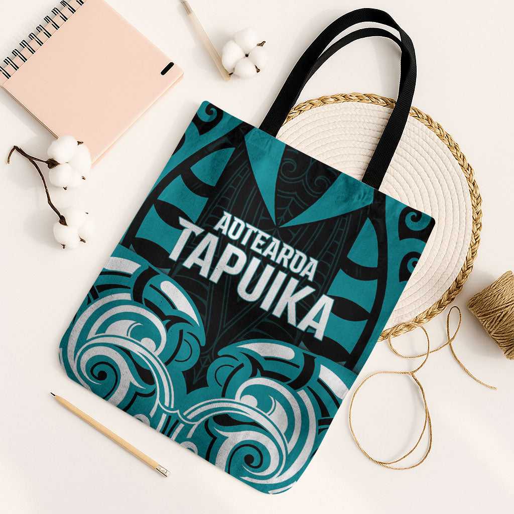 Aotearoa Tapuika Tote Bag New Zealand Traditional Maori Pattern DT05 Black Strap One Size Teal - Polynesian Pride
