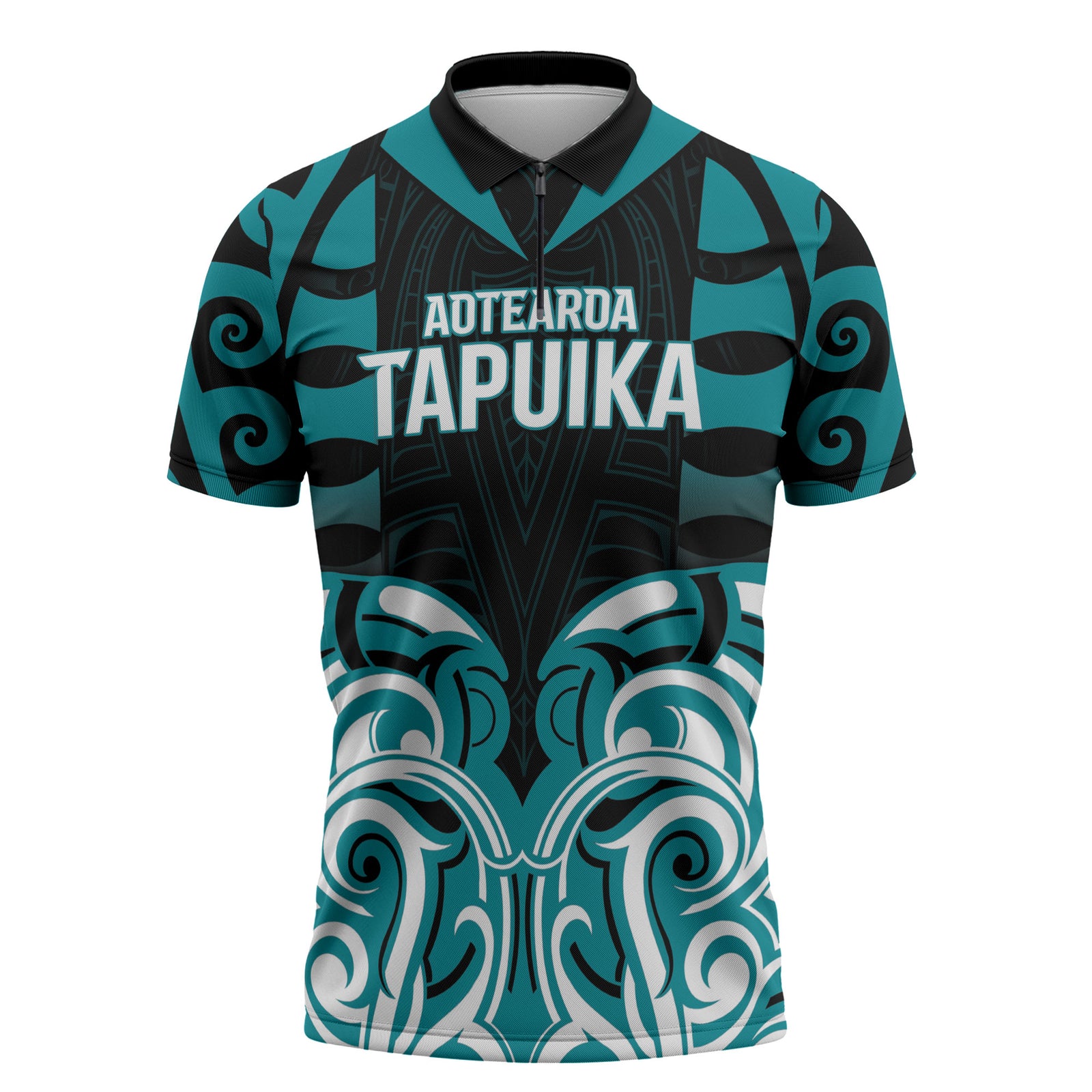 Custom Aotearoa Tapuika Zipper Polo Shirt New Zealand Traditional Maori Pattern DT05 Teal - Polynesian Pride