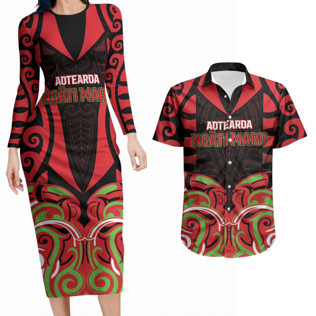 Custom Aotearoa Ngati Maru Couples Matching Long Sleeve Bodycon Dress and Hawaiian Shirt New Zealand Traditional Maori Pattern DT05 Red - Polynesian Pride