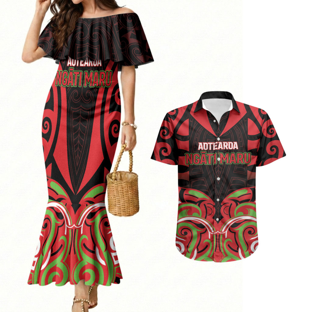 Custom Aotearoa Ngati Maru Couples Matching Mermaid Dress and Hawaiian Shirt New Zealand Traditional Maori Pattern DT05 Red - Polynesian Pride