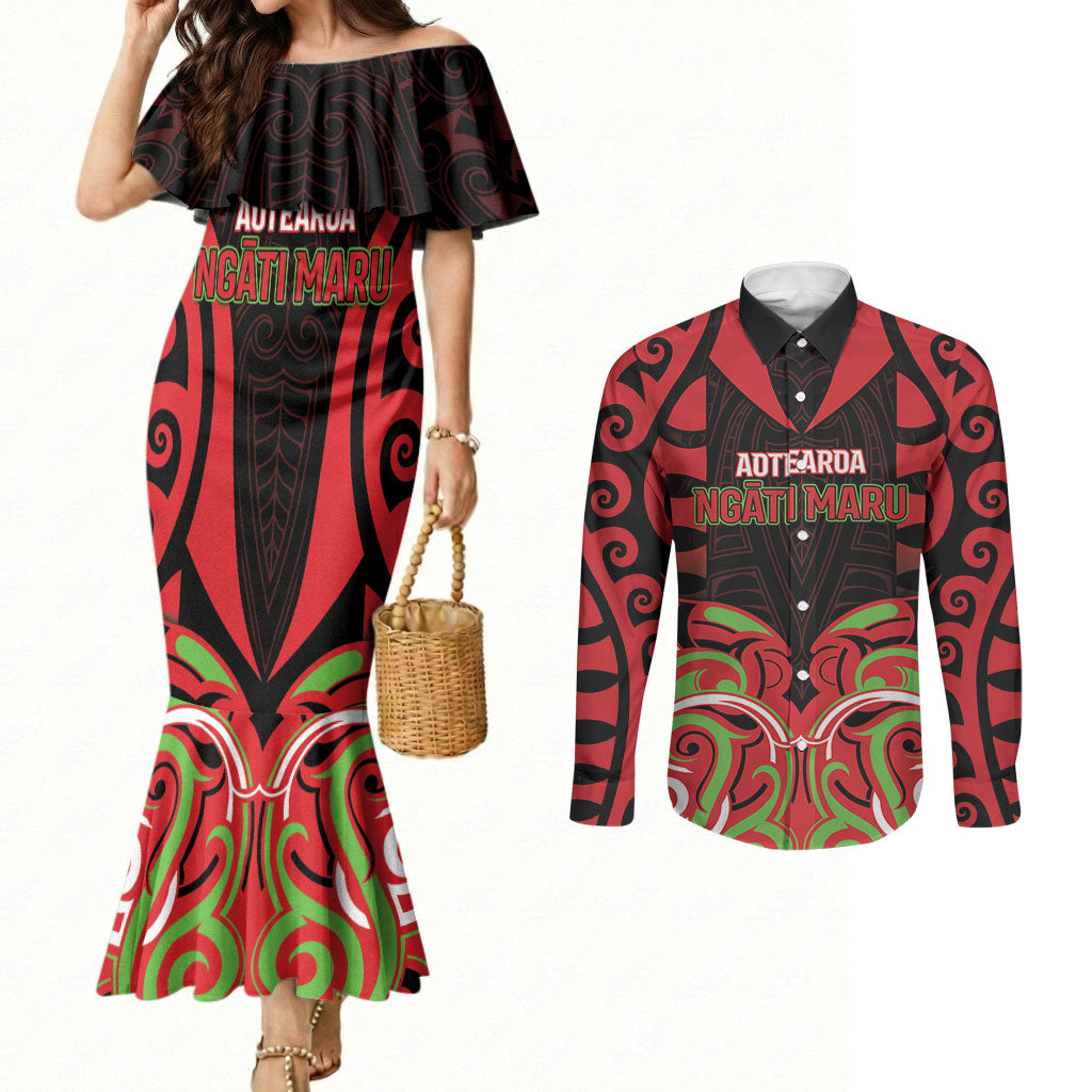 Custom Aotearoa Ngati Maru Couples Matching Mermaid Dress and Long Sleeve Button Shirt New Zealand Traditional Maori Pattern DT05 Red - Polynesian Pride