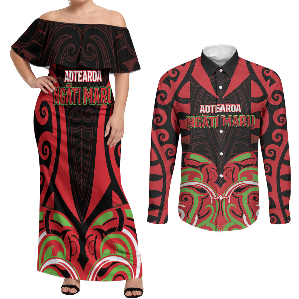 Custom Aotearoa Ngati Maru Couples Matching Off Shoulder Maxi Dress and Long Sleeve Button Shirt New Zealand Traditional Maori Pattern DT05 Red - Polynesian Pride
